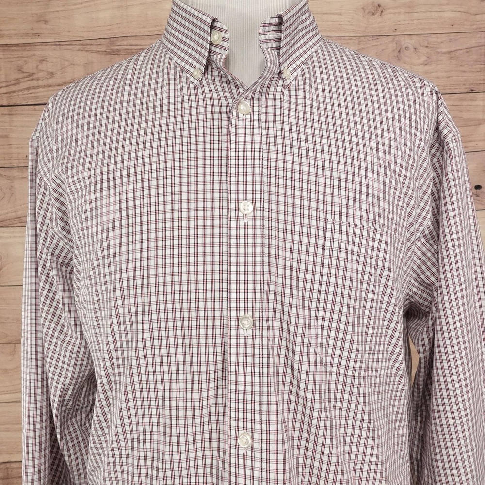 Roundtree & Yorke Shirt Mens 2XL White Red Check Long Sleeve Button-Up Non-Iron